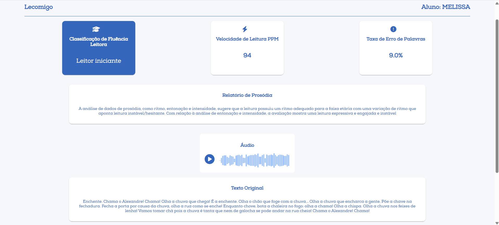 Relatório de prosódia e portfólio de leitura do estudante — edtech Auroria